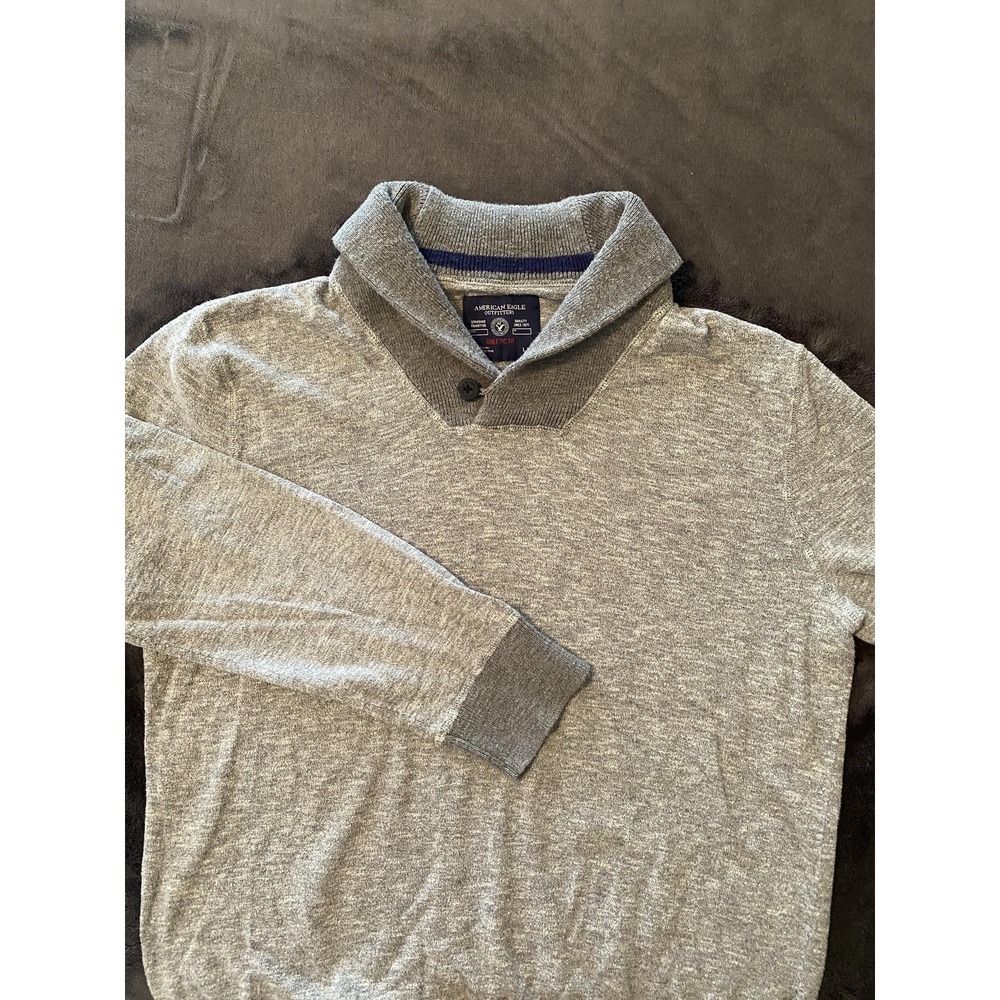 American Eagle Sweater Mens Large Gray Shawl Collar Athletic Fit‎ Hipster Preppy